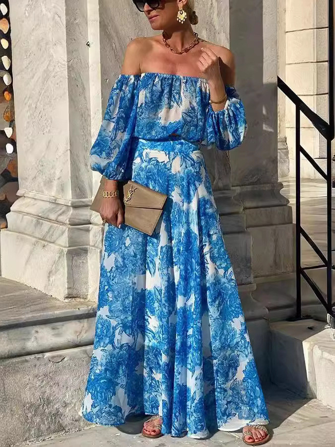 ✨One Shoulder Blue Printed Waist Cinched Maxi Dress✨