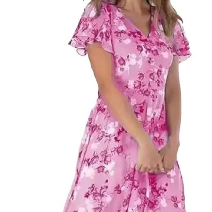 ✨Elegant Chiffon Floral Ruffle V-neck Cinched Waist Maxi Dress✨