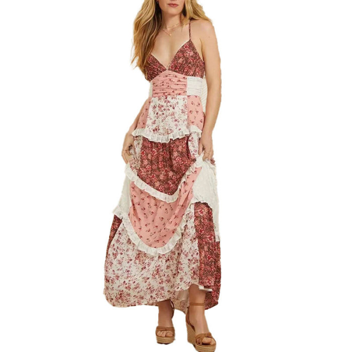 ✨Deep V Hollow Out Ruffle Floral Backless Suspender Dress✨