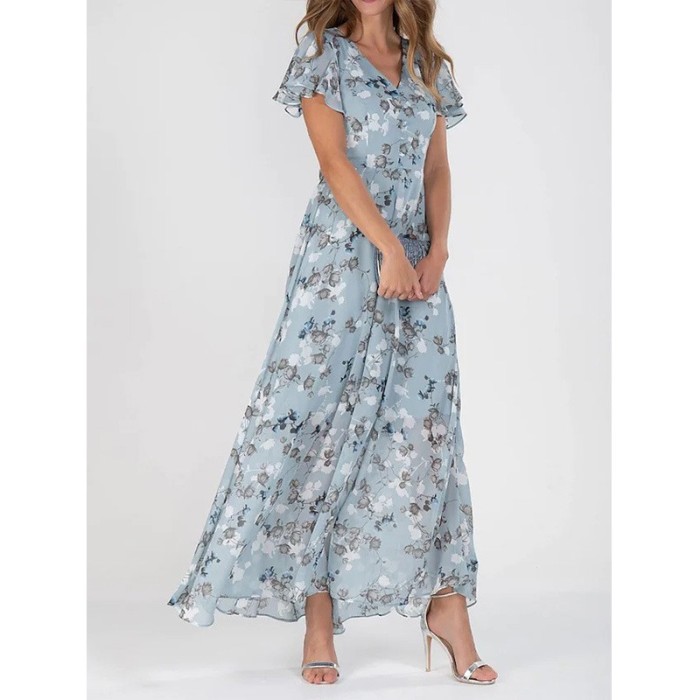 ✨Elegant Chiffon Floral Ruffle V-neck Cinched Waist Maxi Dress✨