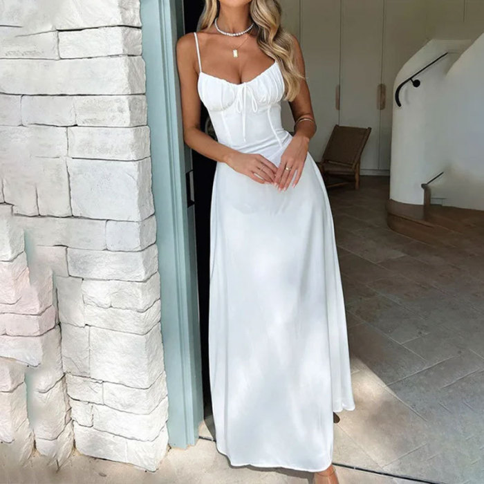 ✨White Lace Up Backless A-line Suspender Maxi Dress✨