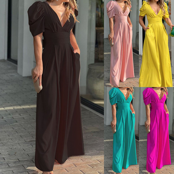 ✨Solid Color V-neck High Waist Wide-leg Jumpsuit✨