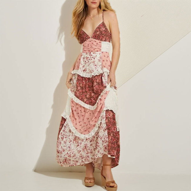 ✨Deep V Hollow Out Ruffle Floral Backless Suspender Dress✨