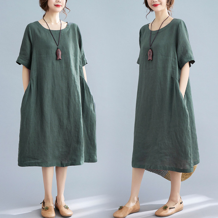 ✨Retro Solid Color Cotton Linen Pocket Dress✨