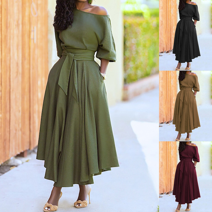 ✨Elegant Solid Color Asymmetric Shoulder Maxi Dress✨