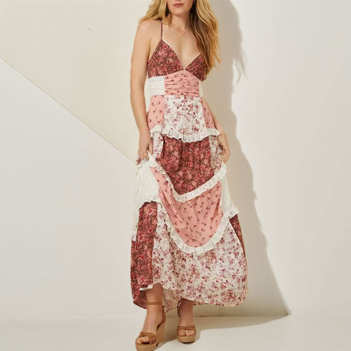 ✨Deep V Hollow Out Ruffle Floral Backless Suspender Dress✨