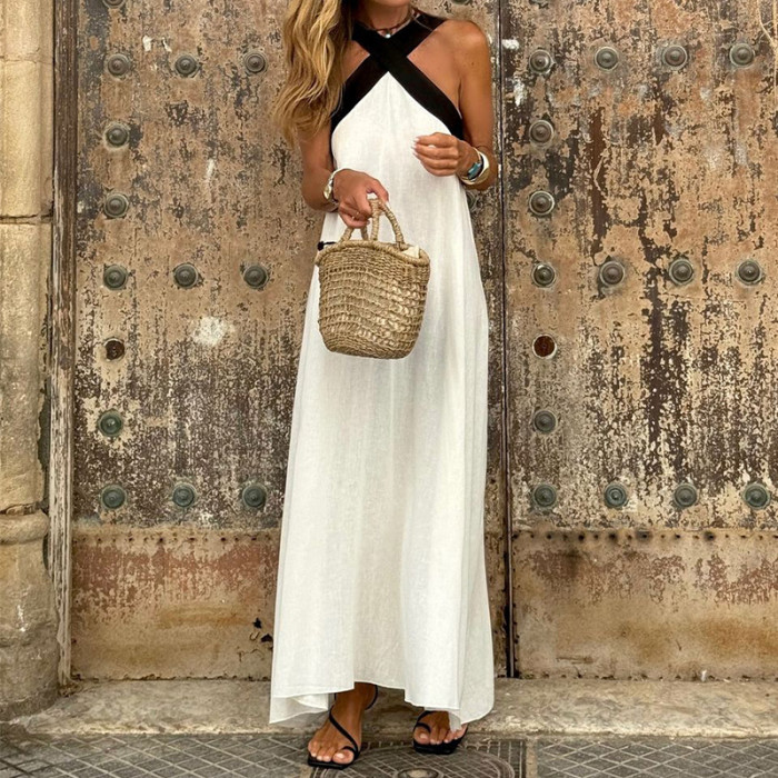 ✨Cross Neck Halter Solid Cotton Linen Maxi Dress✨