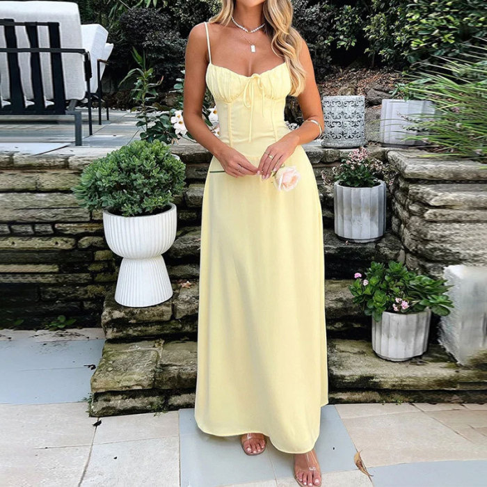 ✨White Lace Up Backless A-line Suspender Maxi Dress✨
