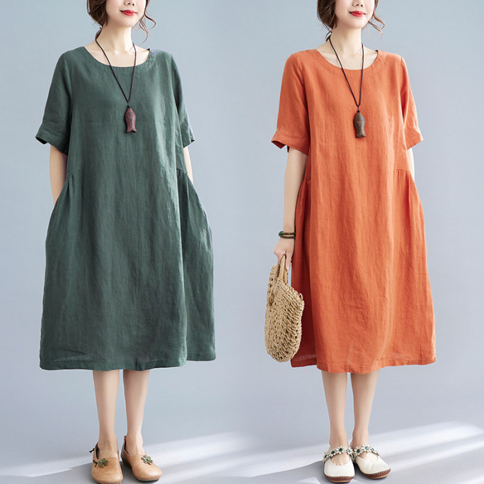 ✨Retro Solid Color Cotton Linen Pocket Dress✨