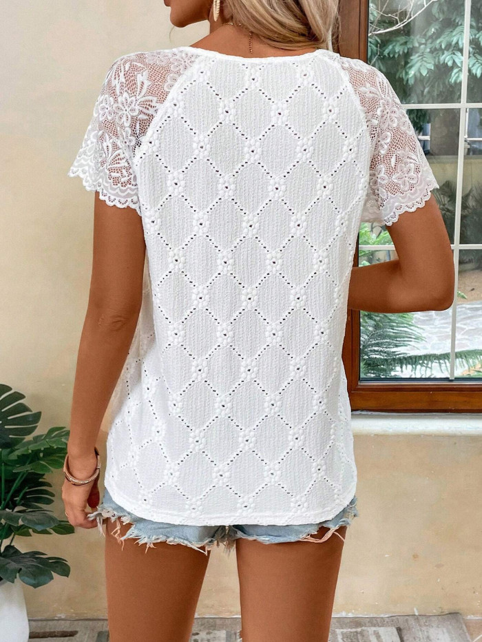 ✨V-neck White Lace Diamond Decor T-shirt✨