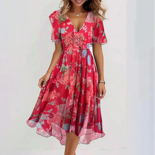 ✨V Neck Floral Print Short Sleeve A Line Midi Dress✨