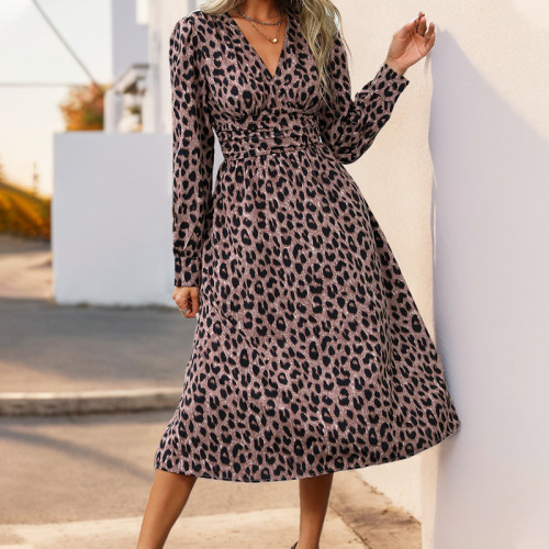 ✨Deep V Neck Leopard Print High Waist Long Sleeve Dress✨