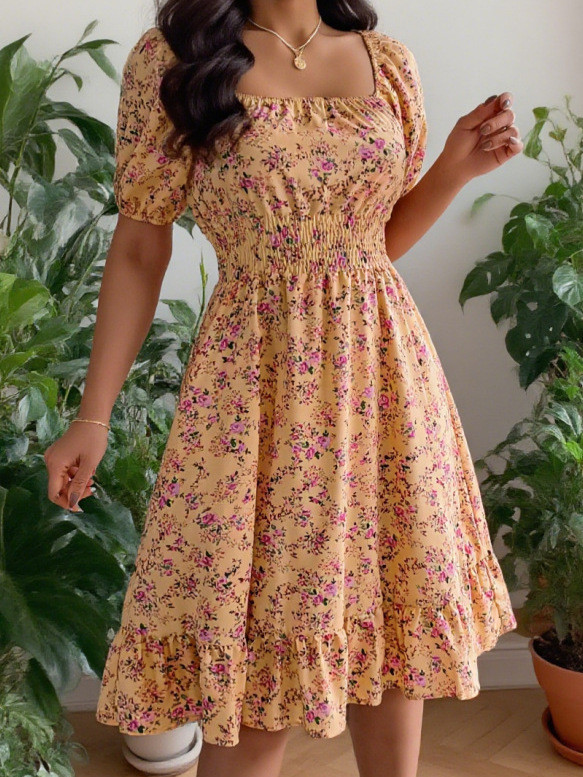✨Floral Square Neck Ruffle A-Line Casual Dress✨
