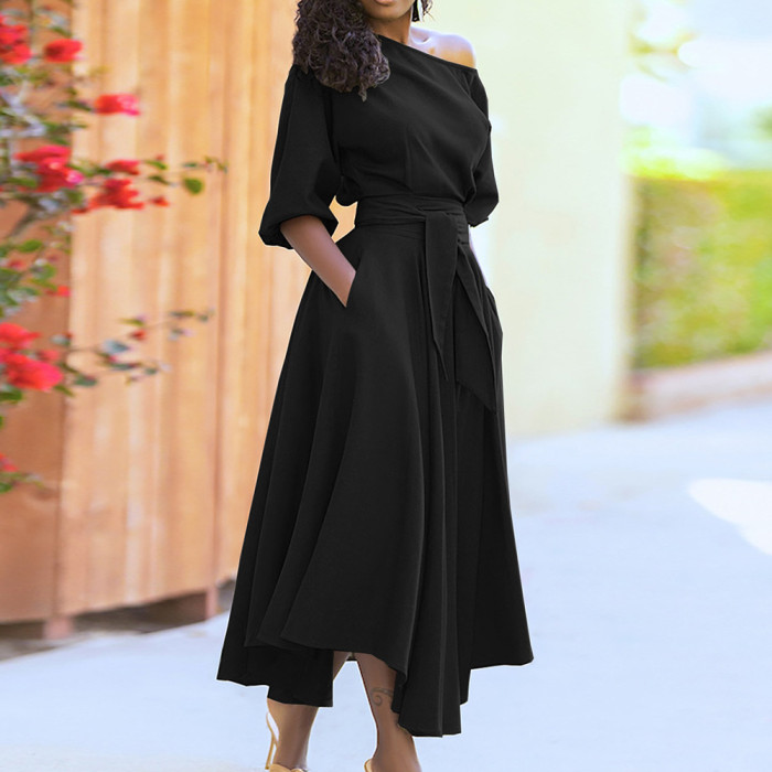✨Elegant Solid Color Asymmetric Shoulder Maxi Dress✨
