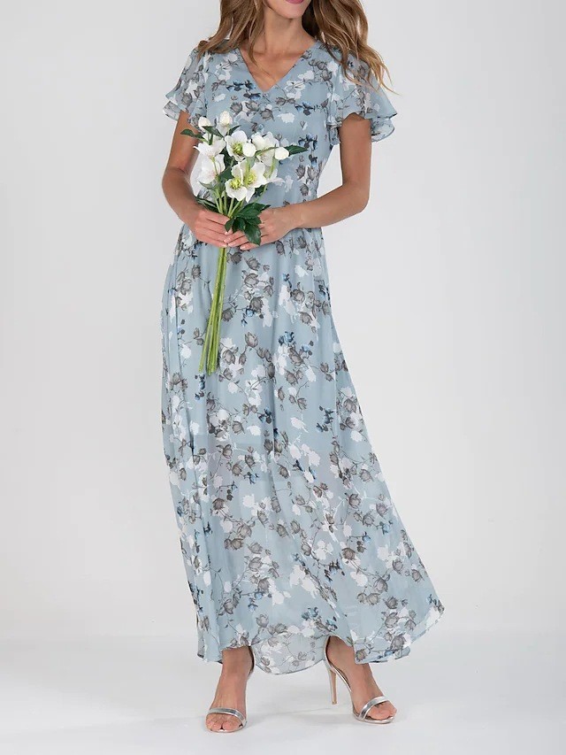 ✨Elegant Chiffon Floral Ruffle V-neck Cinched Waist Maxi Dress✨