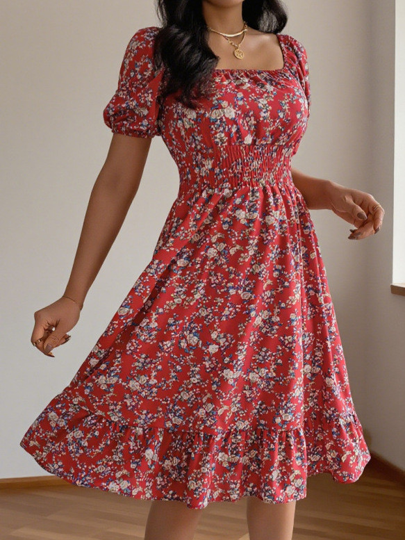 ✨Floral Square Neck Ruffle A-Line Casual Dress✨