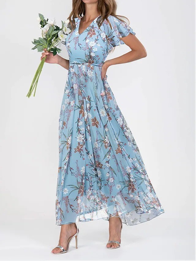 ✨Elegant Chiffon Floral Ruffle V-neck Cinched Waist Maxi Dress✨