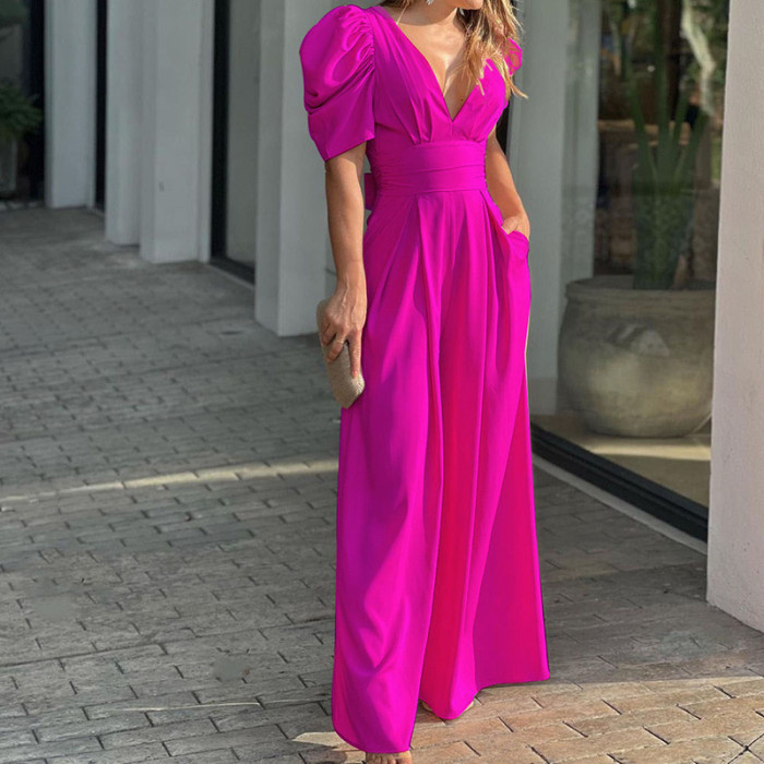 ✨Solid Color V-neck High Waist Wide-leg Jumpsuit✨