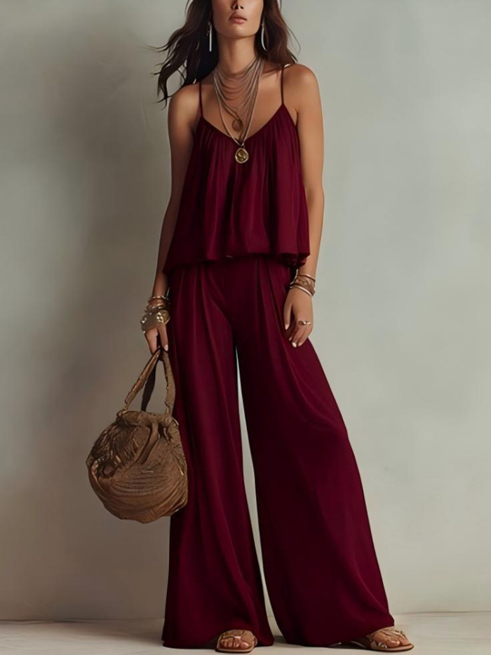 ✨Simple Solid Color Sleeveless V-Neck Pleated Beach Casual Two-Piece Set✨