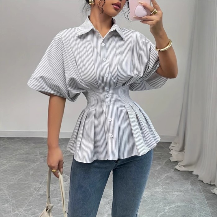 ✨Elegant Striped Peplum Blouse with Batwing Sleeve & Button Down Design for Women✨