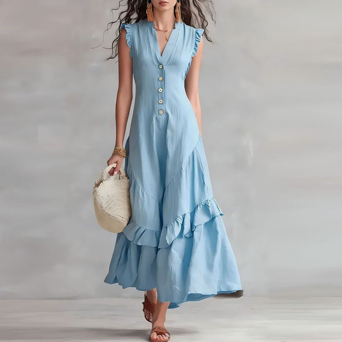 ✨Elegant V-Neck Button A-Line Ruffle Solid Color Boho Maxi Dress✨