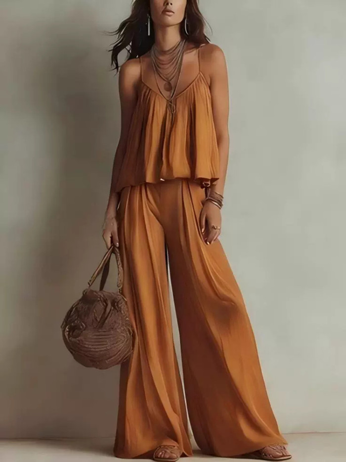 ✨Simple Solid Color Sleeveless V-Neck Pleated Beach Casual Two-Piece Set✨