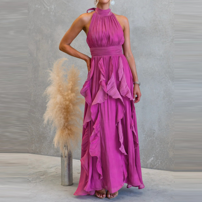 ✨Sexy Halter Ruffle Pleated Solid Maxi Dress✨