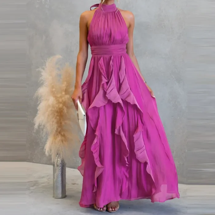 ✨Sexy Halter Ruffle Pleated Solid Maxi Dress✨