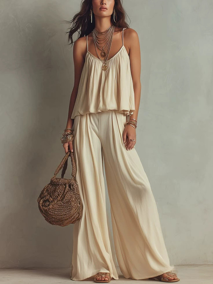 ✨Simple Solid Color Sleeveless V-Neck Pleated Beach Casual Two-Piece Set✨