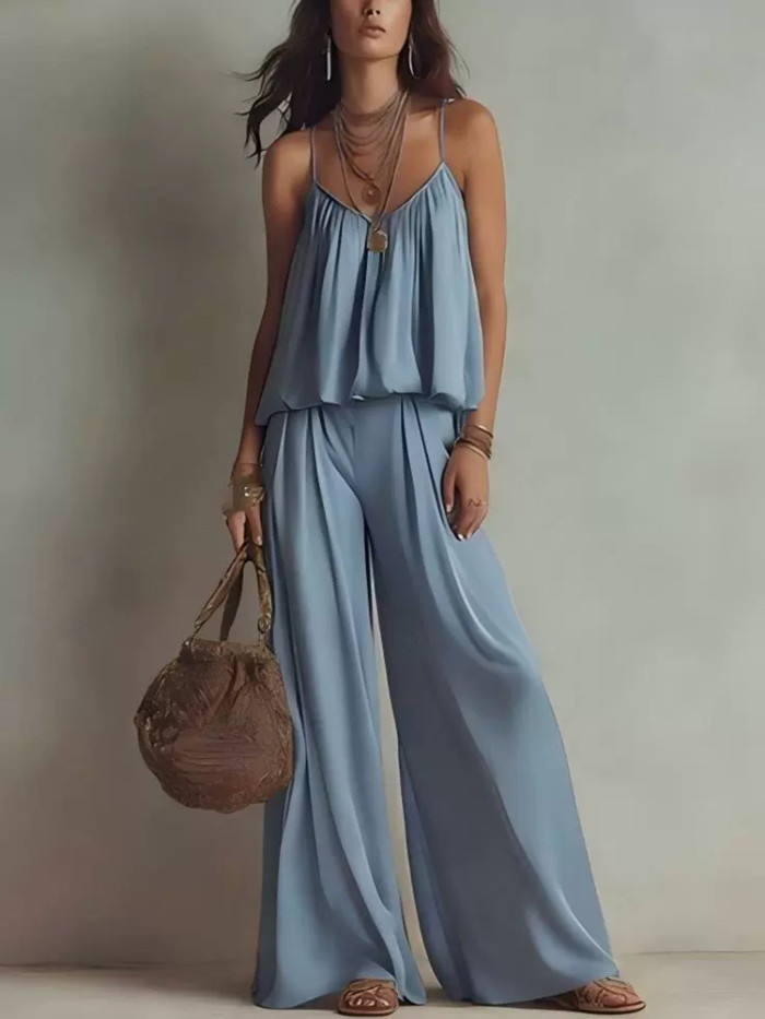 ✨Simple Solid Color Sleeveless V-Neck Pleated Beach Casual Two-Piece Set✨