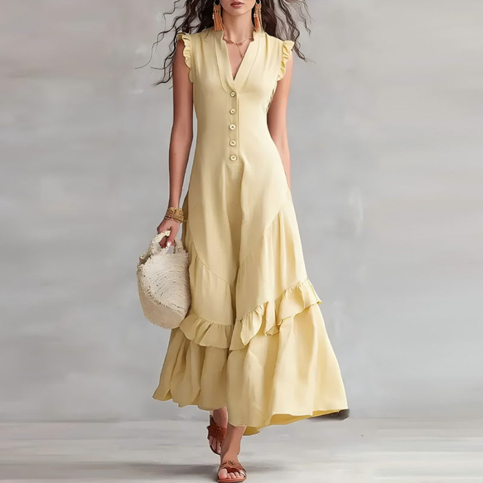 ✨Elegant V-Neck Button A-Line Ruffle Solid Color Boho Maxi Dress✨