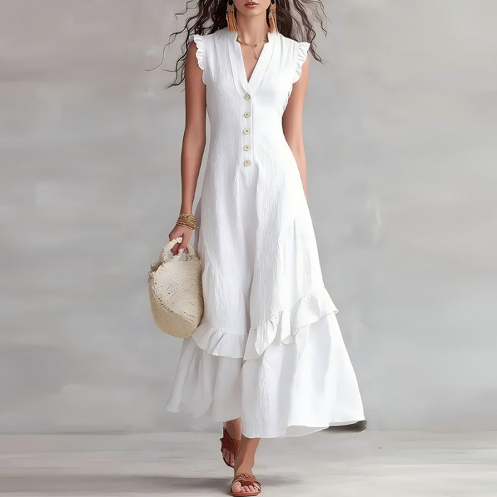 ✨Elegant V-Neck Button A-Line Ruffle Solid Color Boho Maxi Dress✨