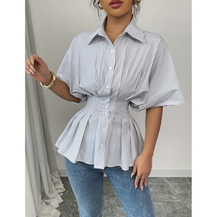 ✨Elegant Striped Peplum Blouse with Batwing Sleeve & Button Down Design for Women✨