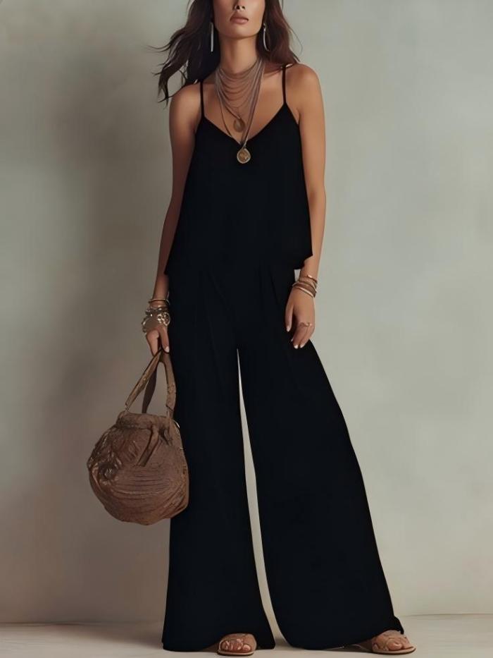 ✨Simple Solid Color Sleeveless V-Neck Pleated Beach Casual Two-Piece Set✨