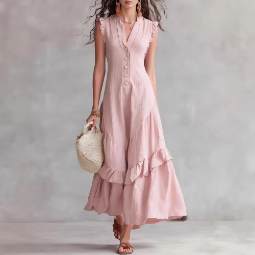 ✨Elegant V-Neck Button A-Line Ruffle Solid Color Boho Maxi Dress✨