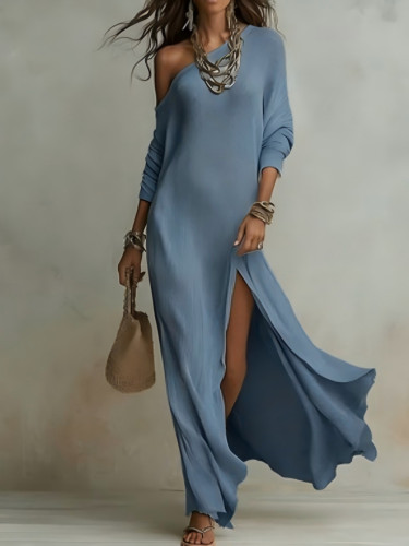 ✨Elegant Off-Shoulder Knitted Long Dress with Slit Detail✨