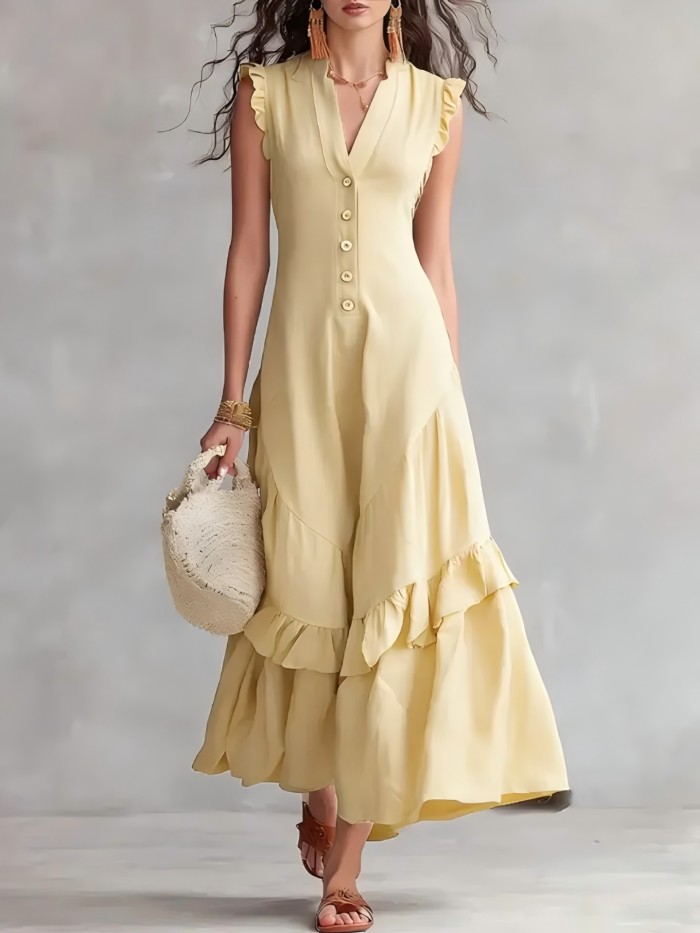 ✨Elegant V-Neck Button A-Line Ruffle Solid Color Boho Maxi Dress✨