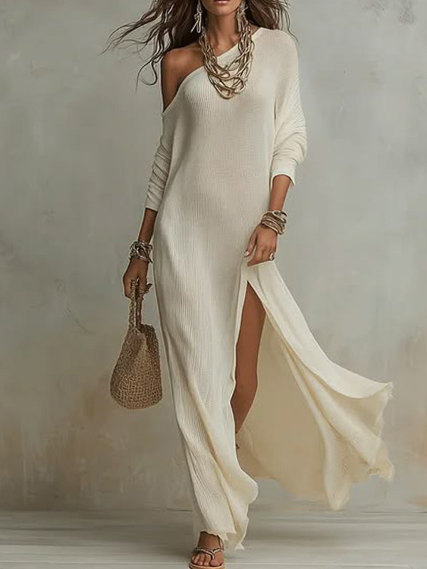 ✨Elegant Off-Shoulder Knitted Long Dress with Slit Detail✨