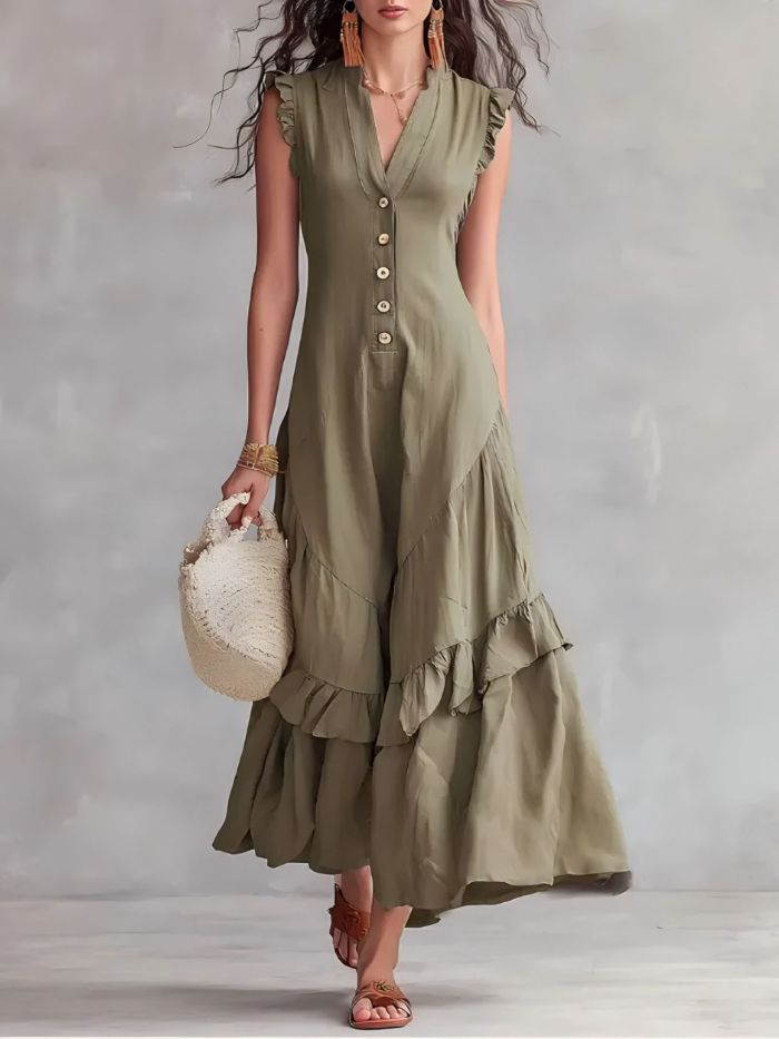 ✨Elegant V-Neck Button A-Line Ruffle Solid Color Boho Maxi Dress✨
