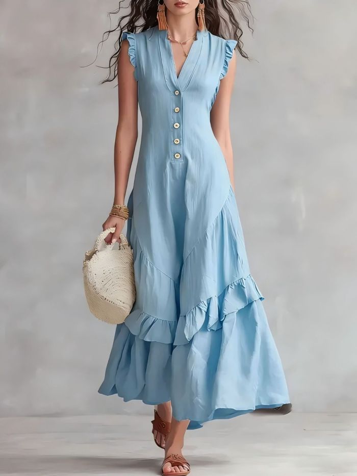 ✨Elegant V-Neck Button A-Line Ruffle Solid Color Boho Maxi Dress✨
