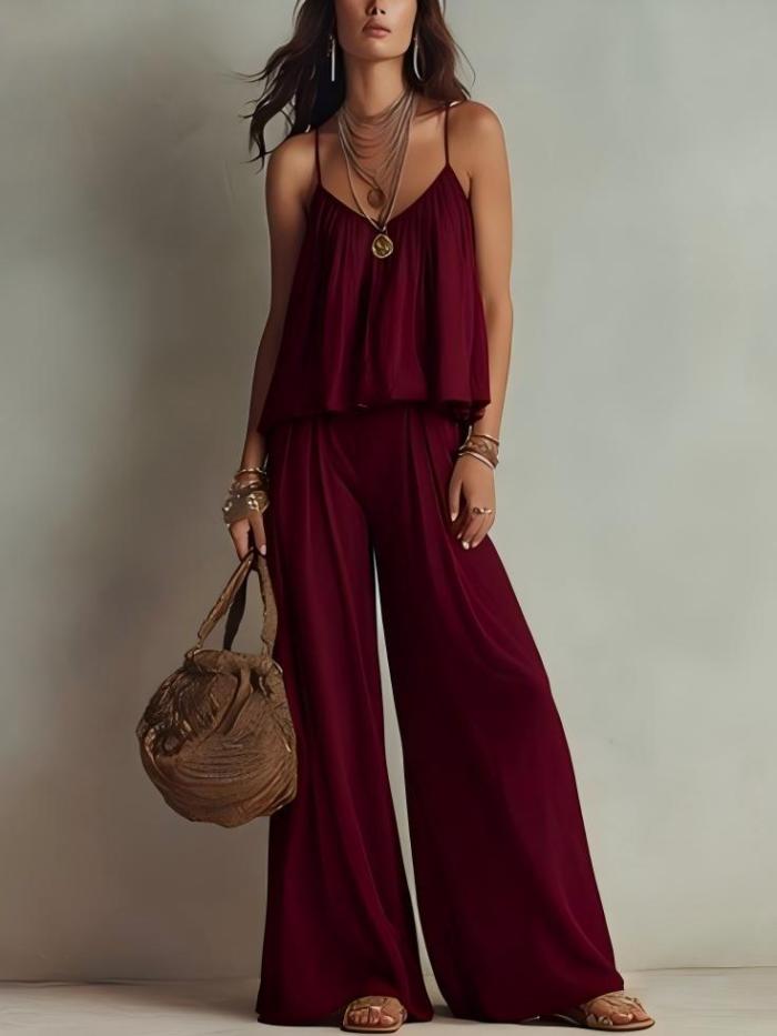 ✨Simple Solid Color Sleeveless V-Neck Pleated Beach Casual Two-Piece Set✨