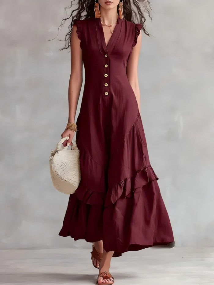 ✨Elegant V-Neck Button A-Line Ruffle Solid Color Boho Maxi Dress✨