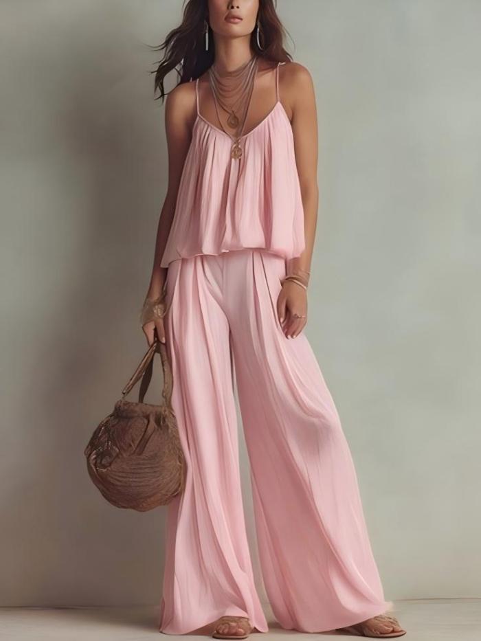 ✨Simple Solid Color Sleeveless V-Neck Pleated Beach Casual Two-Piece Set✨