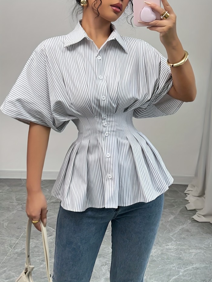 ✨Elegant Striped Peplum Blouse with Batwing Sleeve & Button Down Design for Women✨
