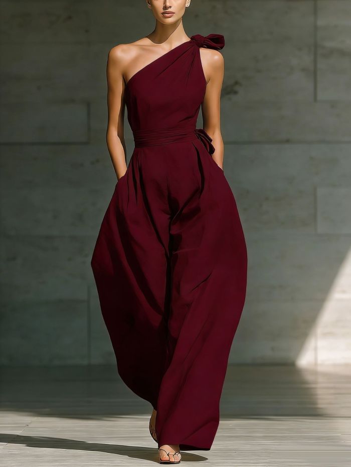 ✨Slant Collar Asymmetric Pocket Jumpsuit✨