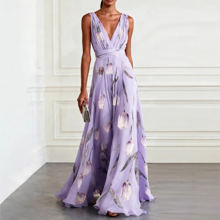 ✨ Tulip Print Sleeveless V-Neck Long Dress ✨