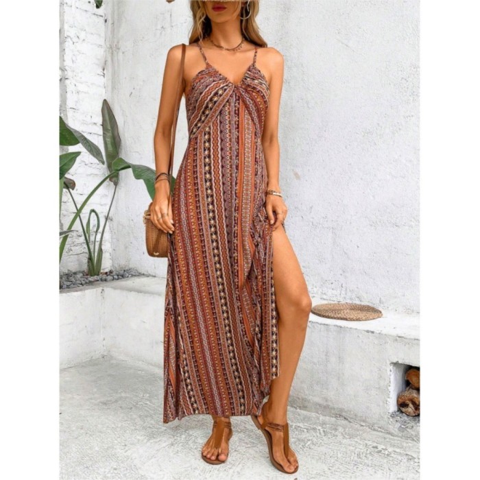 ✨ Printed High Waist Backless Suspender Dress ✨