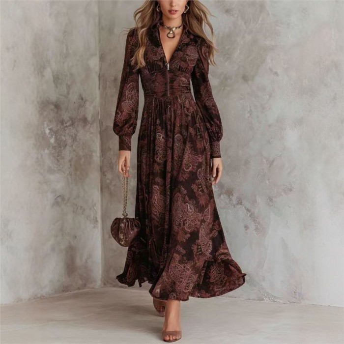 ✨ Retro Print Puff Sleeve Long Dress ✨