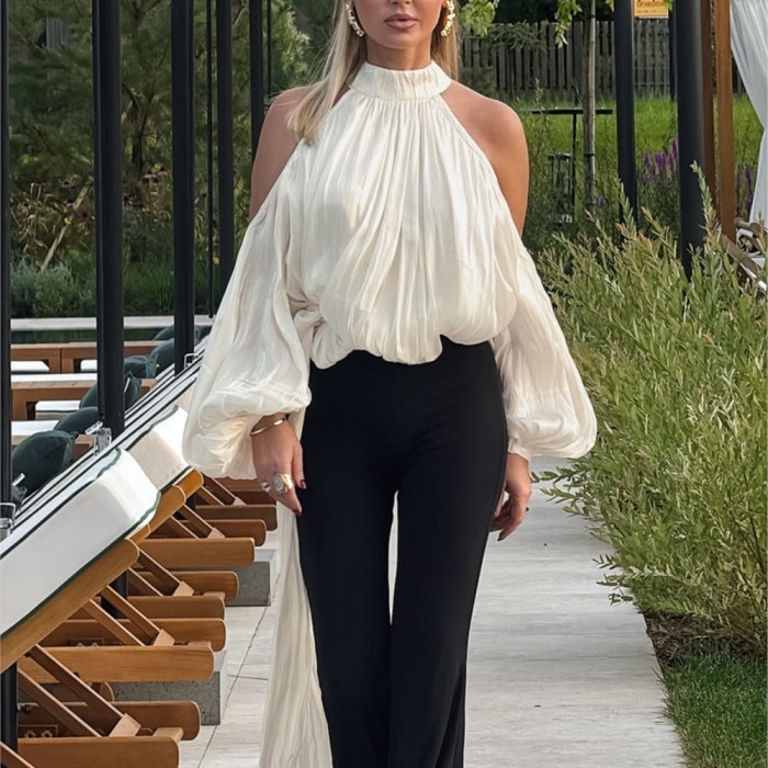 ✨ Halter Neck Off-Shoulder Puff Sleeve Filigree Shirt ✨