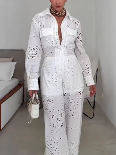 ✨Solid Lapel Long Sleeve Beach Jumpsuit Romper✨